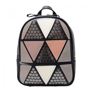 Preppy Style Backpack Geometric Patchwork Female School Bags High Quality PU Leather Daypacks Black Pink